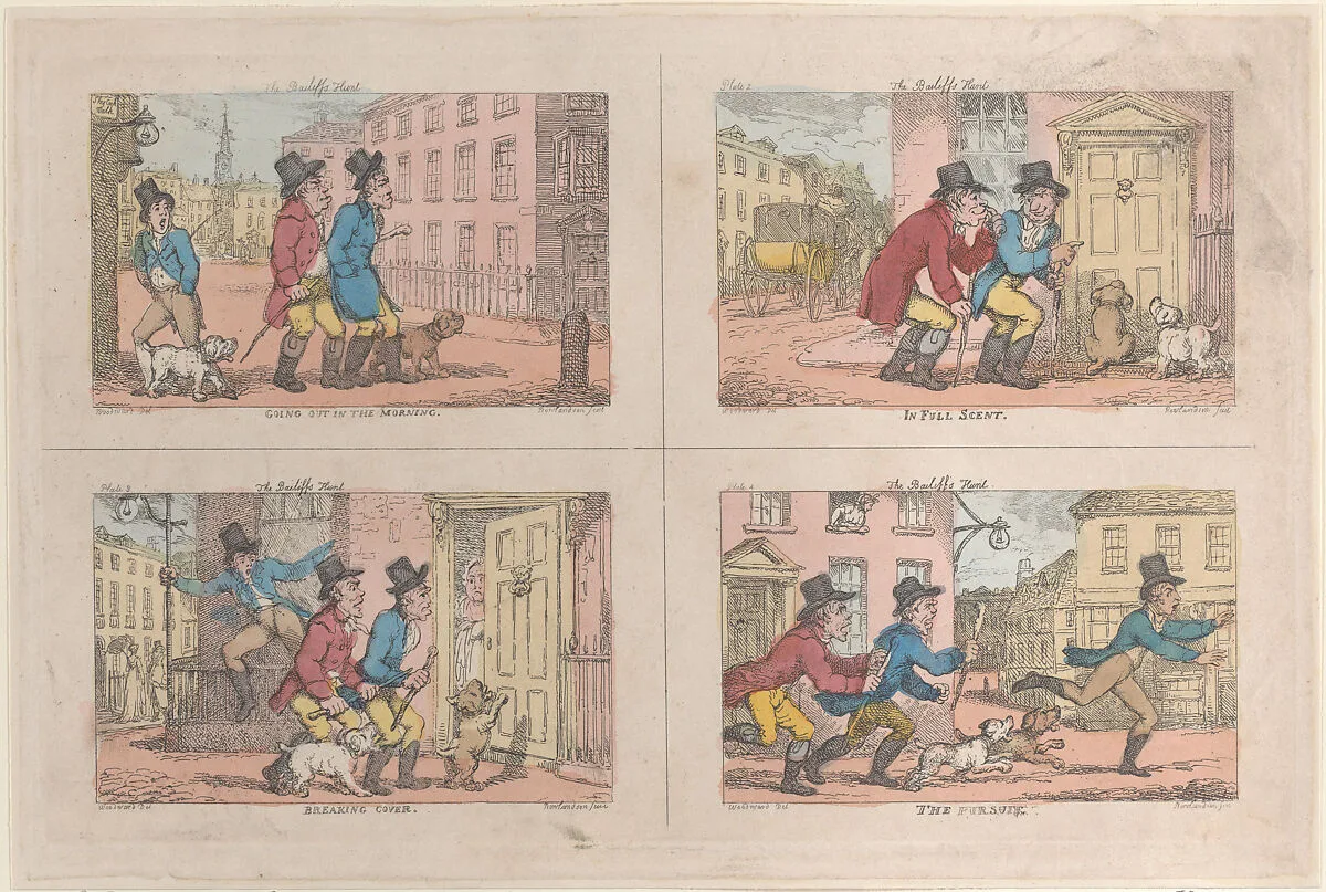 The Bailiff's Hunt: Going Out in the Morning, In Full Scent, Breaking Cover, and The Pursuit — Thomas Rowlandson|George Murgatroyd Woodward