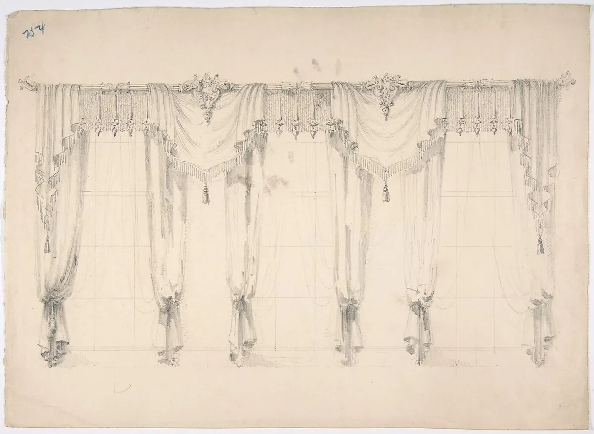Design for Fringed Curtains Surrounding Three Windows — Anonymous, British, 19th century