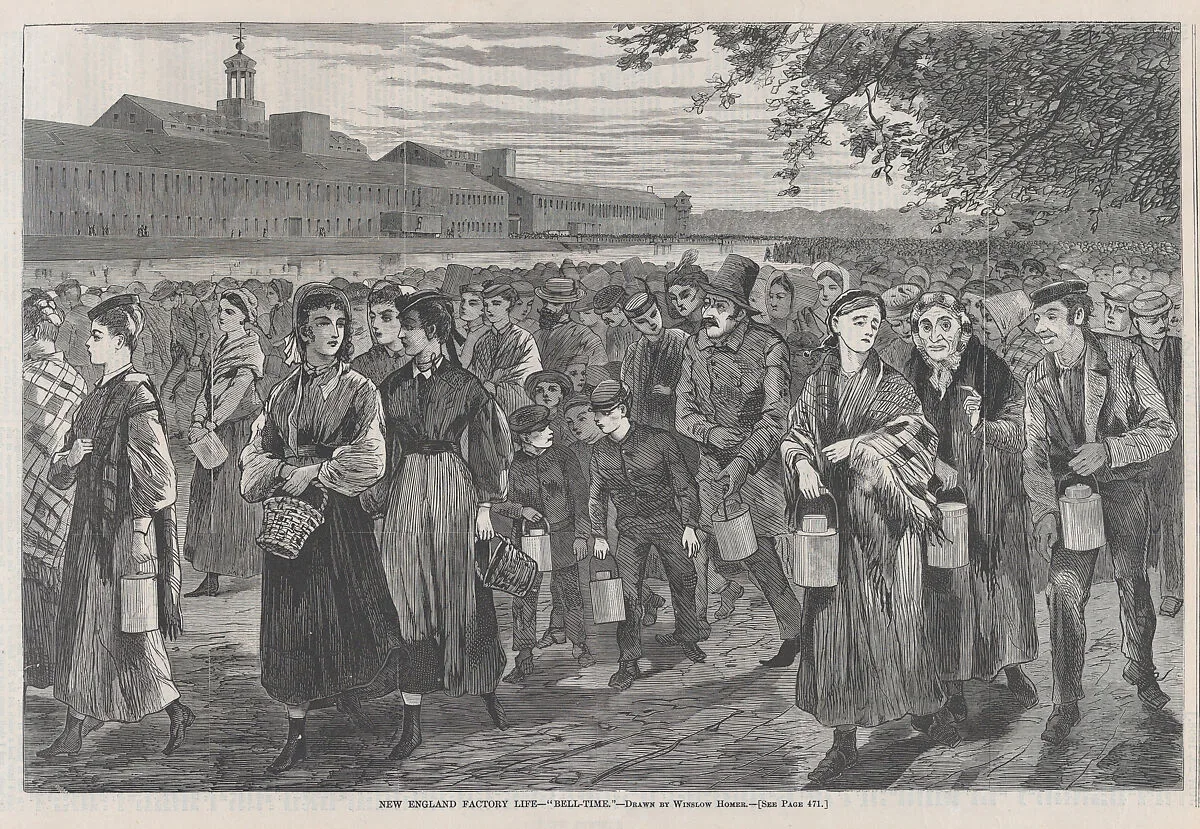 New England Factory Life – "Bell Time" (from "Harper's Weekly," Vol. XII) — Winslow Homer|Harper's Weekly|Harper & Brothers