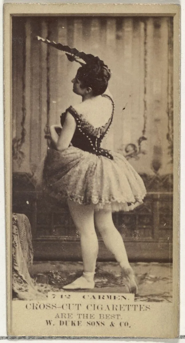 Card Number 712, Carmen, from the Actors and Actresses series (N145-3) issued by Duke Sons & Co. to promote Cross Cut Cigarettes — W. Duke, Sons & Co.