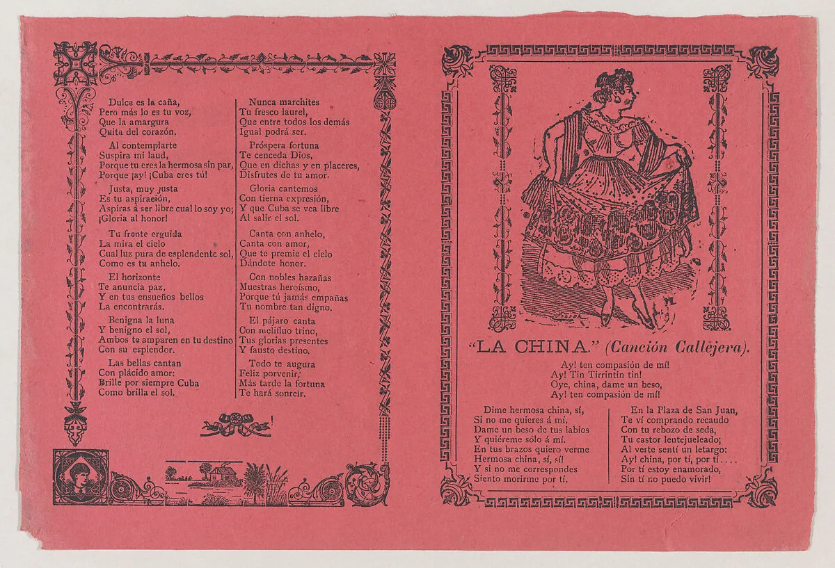 A broadsheet with a popular song 'La China' on the recto, on the verso the dance of 'Cuba Libre' — José Guadalupe Posada