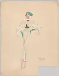 Drawing for a woman's theatrical costume with a cream fox-trimmed jacket and green accessories — Vincente Minnelli