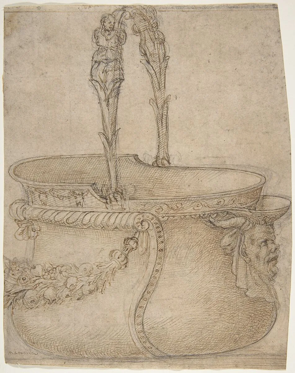 Design for a Bucket-Like Vessel with a Handle of Two Interlaced Captives, on a Body Adorned with a Scroll, Garland, and a Spout with a Satyr's Head — Girolamo Genga