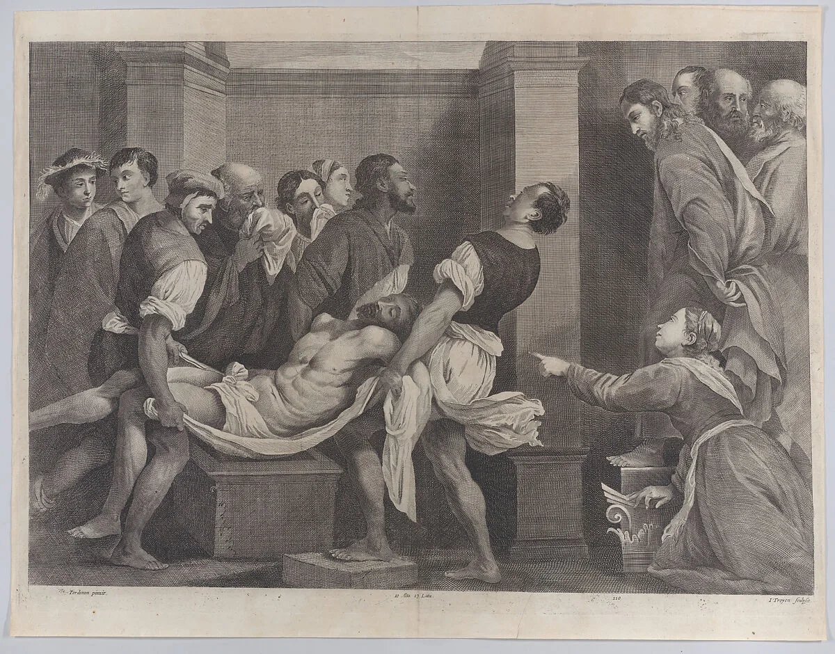 The raising of Lazarus, who is carried by three men at left, while his sister and Christ look on at right; from 'Theatrum Pictorium', after Pordenone — Giovanni Antonio da Pordenone (Giovanni Antonio de Sacchis)|David Teniers the Younger|Jan van Troyen