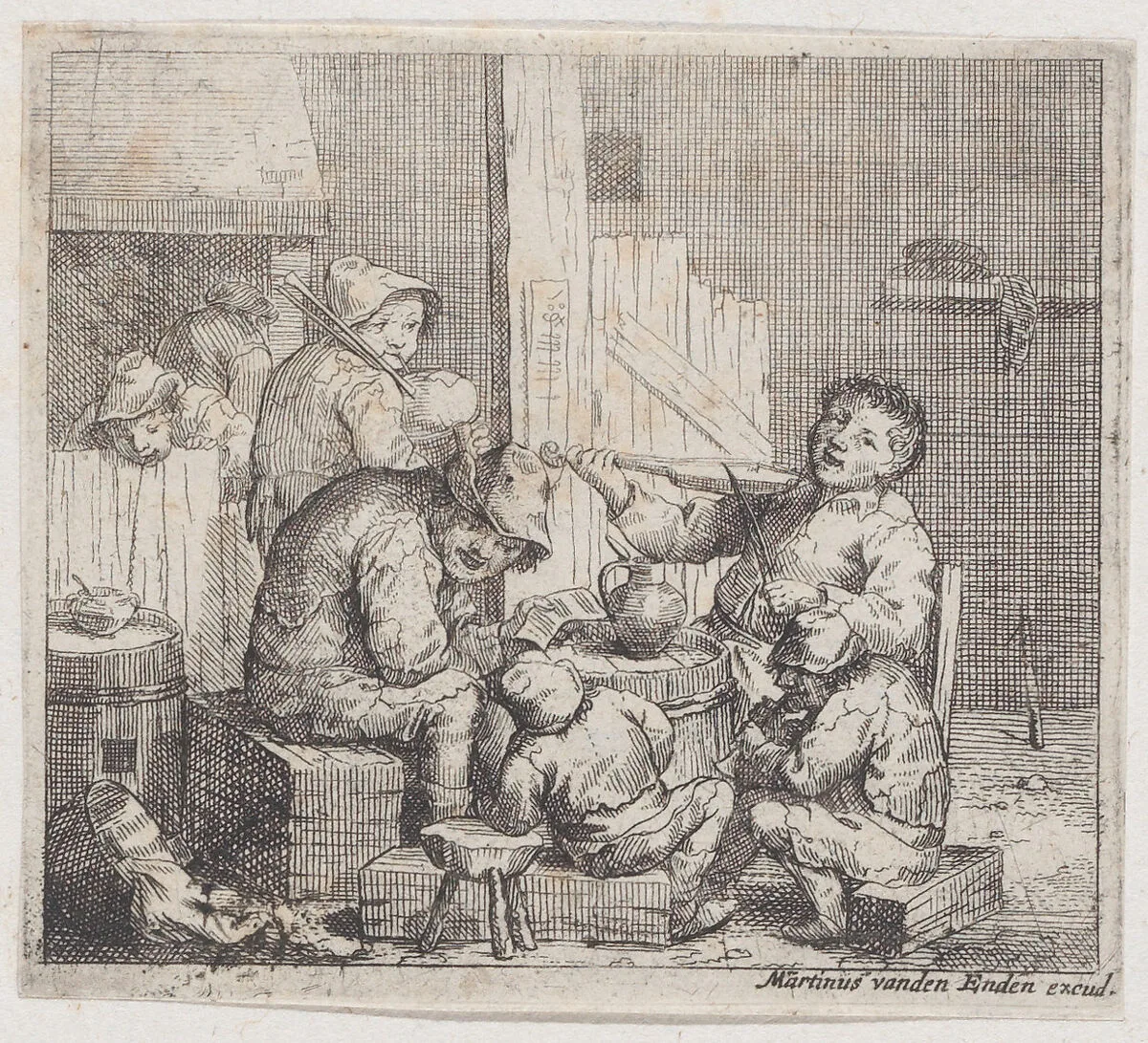 Seven peasant figures in a rustic interior, some of whom play instrument — Jacques Dassonville|Martinus van den Enden