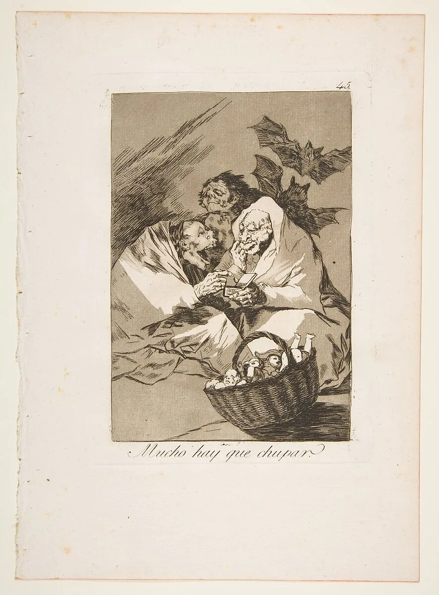 Plate 45 from "Los Caprichos": There is Plenty to Suck (Mucho hay que chupar) — Goya (Francisco de Goya y Lucientes)