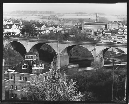 [Bridge, Houses, and Pennsylvania Silk Company Mill, From Elevated Position, Bethlehem, Pennsylvania]