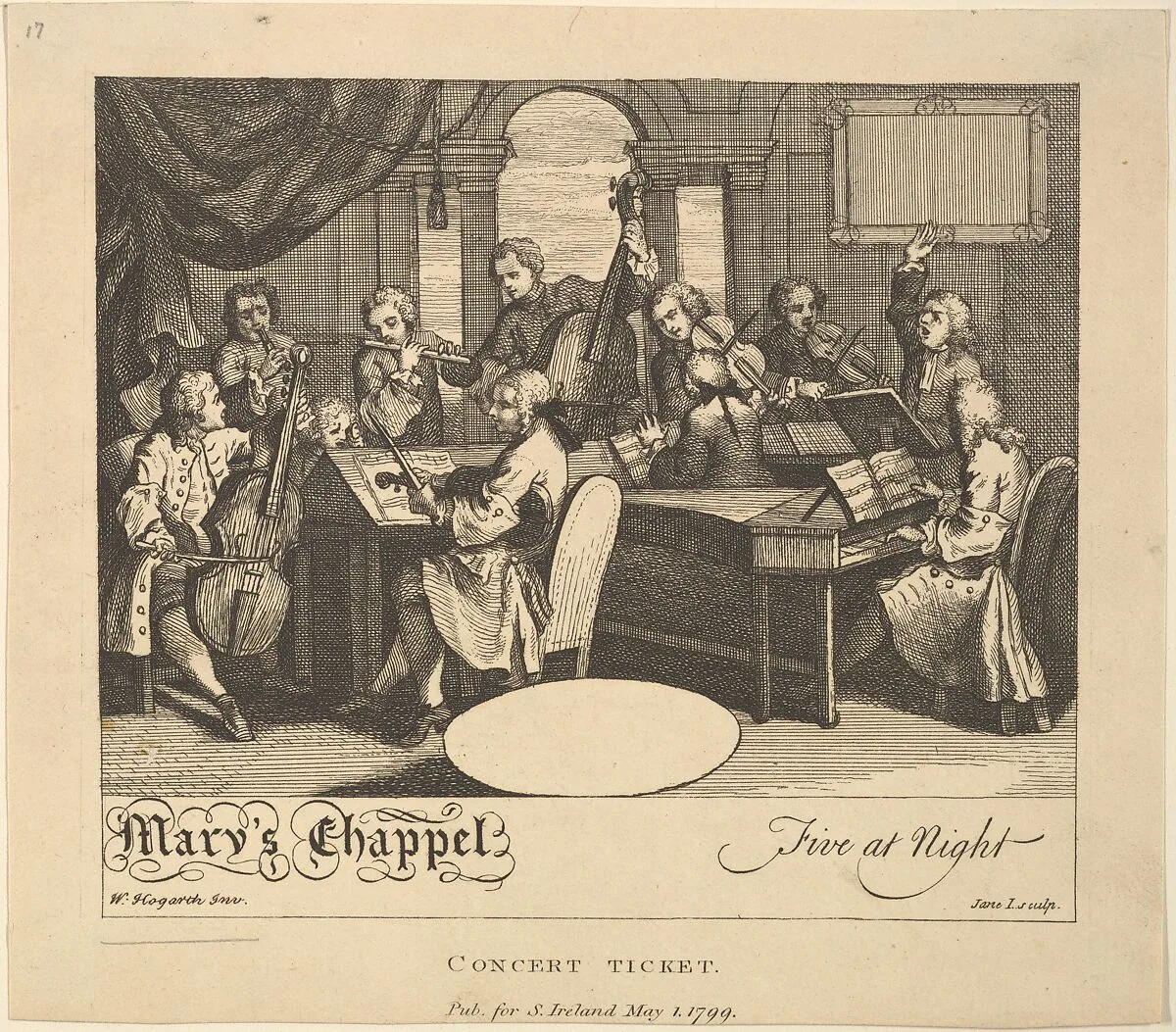 Concert Ticket - Mary's Chappel, Five at Night — Jane Ireland|Samuel Ireland|William Hogarth