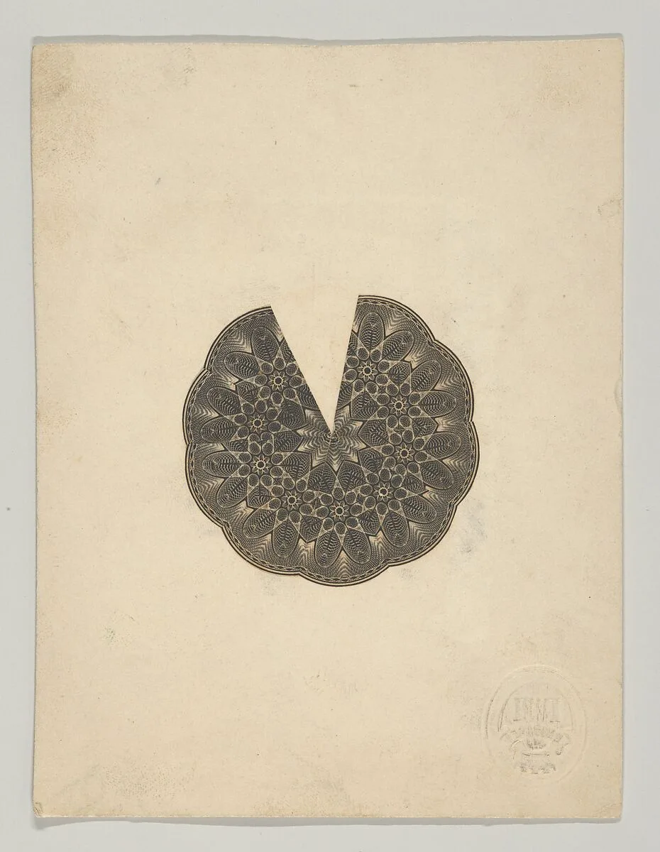Banknote motifs: circular lobed lathe work design, its interior composed of repeated stars, missing a pie shaped wedge (recto); Two pie-shaped wedges of lathe work ornament resembling cut glass (verso) — A. B. & C. Durand & Company|Durand, Perkins, and Company|Cyrus Durand