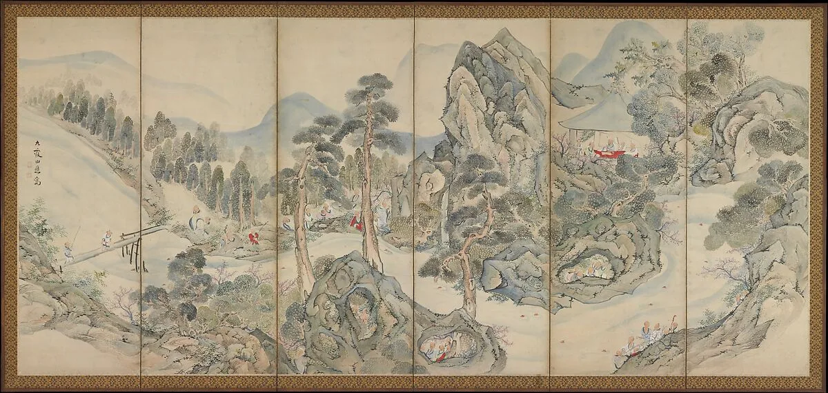 池大雅筆 蘭亭曲水図屏風 秋社図屏風|Orchid Pavilion Gathering; Autumn Harvest Festival — Ike Taiga