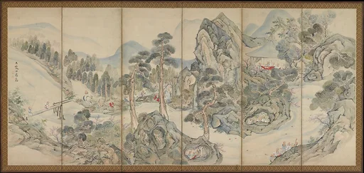 池大雅筆 蘭亭曲水図屏風 秋社図屏風|Orchid Pavilion Gathering; Autumn Harvest Festival