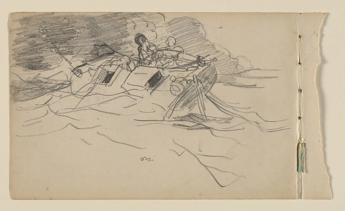 Distressed Boat (Sketch for "The Gulf Stream") (recto); Floor Plan Diagram; Elevation of a domestic residence (verso) — Winslow Homer