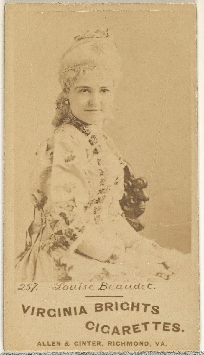 Card 257, Louise Beaudet, from the Actors and Actresses series (N45, Type 1) for Virginia Brights Cigarettes — Allen & Ginter