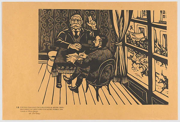 Plate 15: President Porfirio Díaz being interviewed by James Creelman from 'Pearson's Magazine' on the subject of civil liberties in 1908, outside on the street people protest, from the portfolio 'Estampas de la revolución Mexicana' (prints of the Mexican Revolution) — Alberto Beltrán|Taller de Gráfica Popular