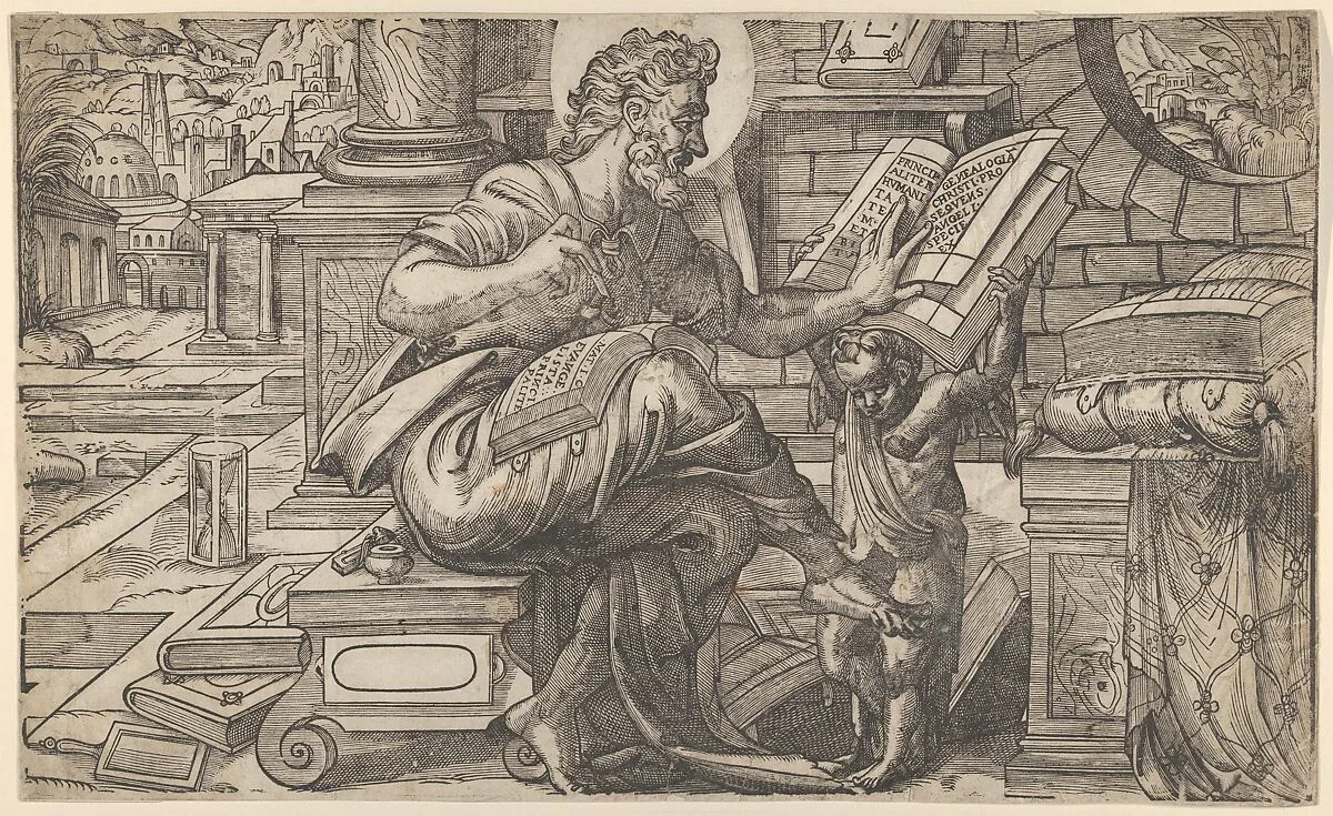 Saint Matthew seated and reading from a book held by a putto, set within a fanciful architectural backdrop, from a series of woodcuts of the Four Evangelists, copy after Rue Montorgueil woodcut — Rue de Montorgueil|Anthony van Leest