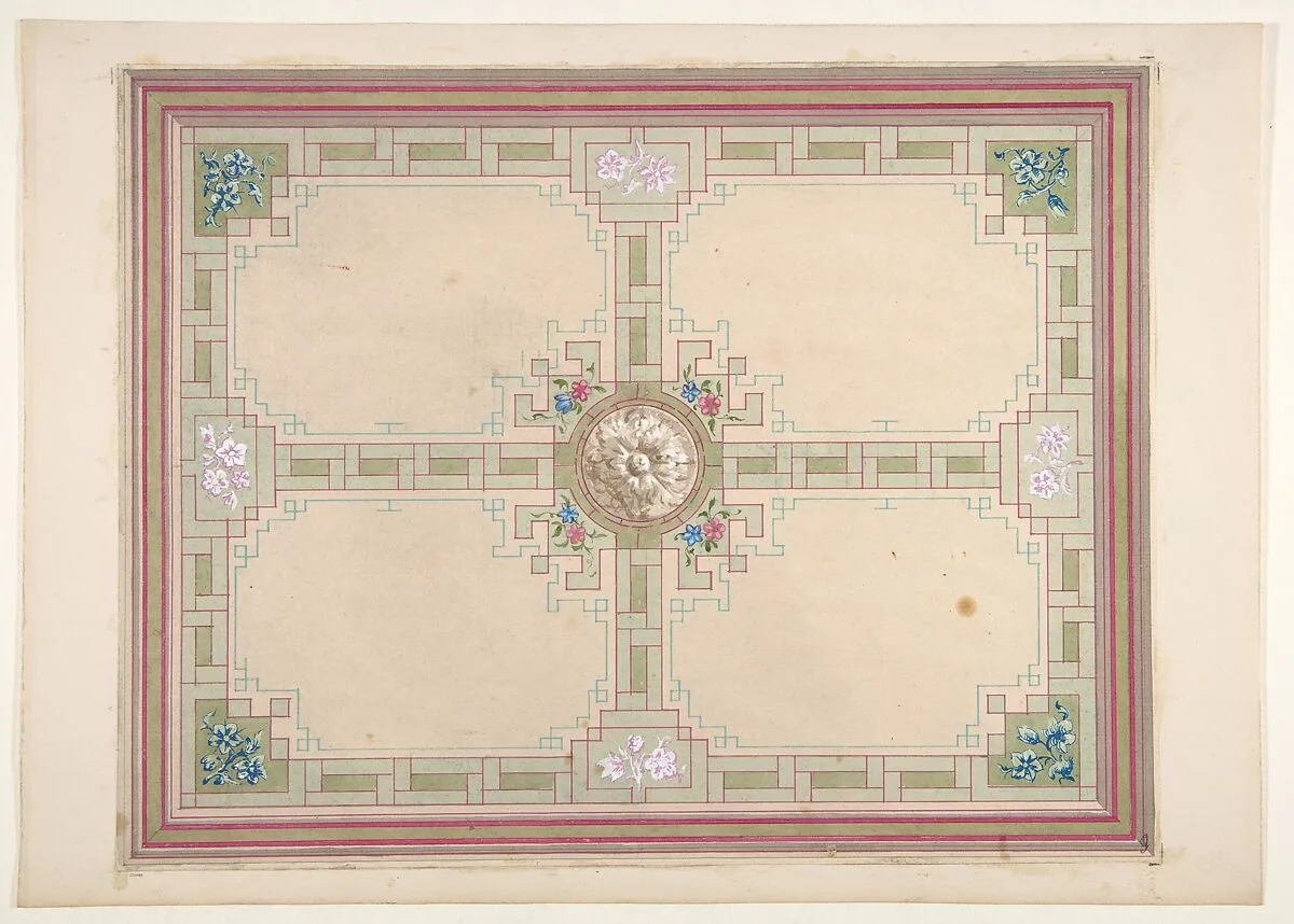 Design for a ceiling with floral accents and Greek key border — Jules-Edmond-Charles Lachaise|Eugène-Pierre Gourdet