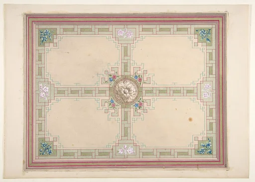 Design for a ceiling with floral accents and Greek key border