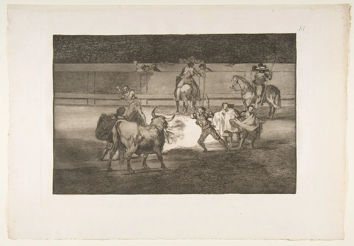 Plate 31 of "La Tauromaquia": Banderillas with firecrackers — Goya (Francisco de Goya y Lucientes)