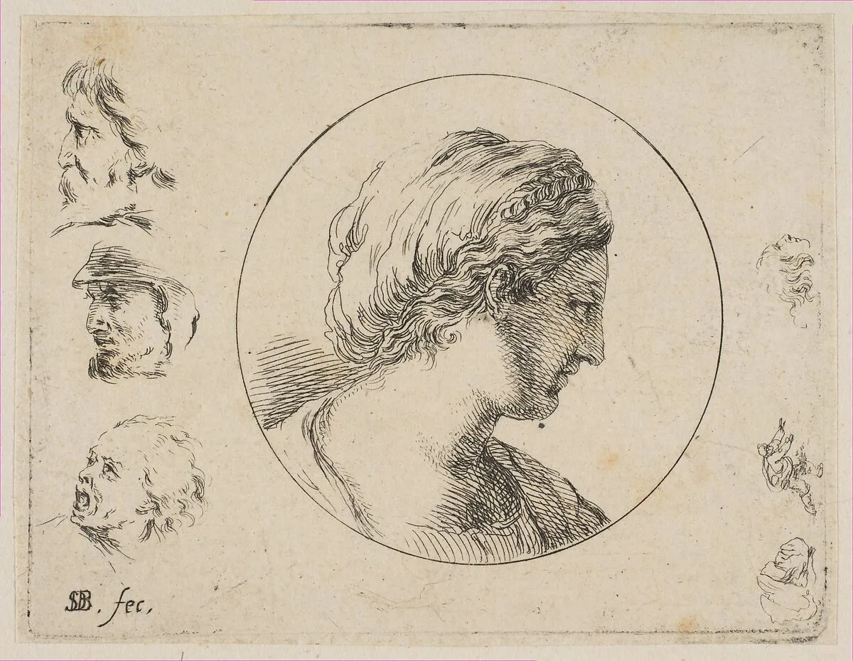 Plate 4: Head of a Woman in Profile, from 'Second collection of various doodles and etching proofs' (Second recueil de divers griffonnements et preuves d'eauforte) — Stefano della Bella