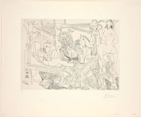 Fantasy, in the style of Fuseli's "Dream," with a Voyeur under the Bed, from 347 Suite — Aldo and Piero Crommelynck|Pablo Picasso|Galerie Louise Leiris