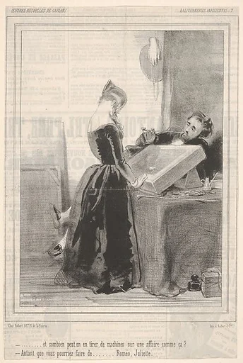 How much can you get from an old thing like that? As much as you can get from...Romeo, Juliet, plate VII from the suite Parisian Follies, published in Le Charivari, November 25, 1846