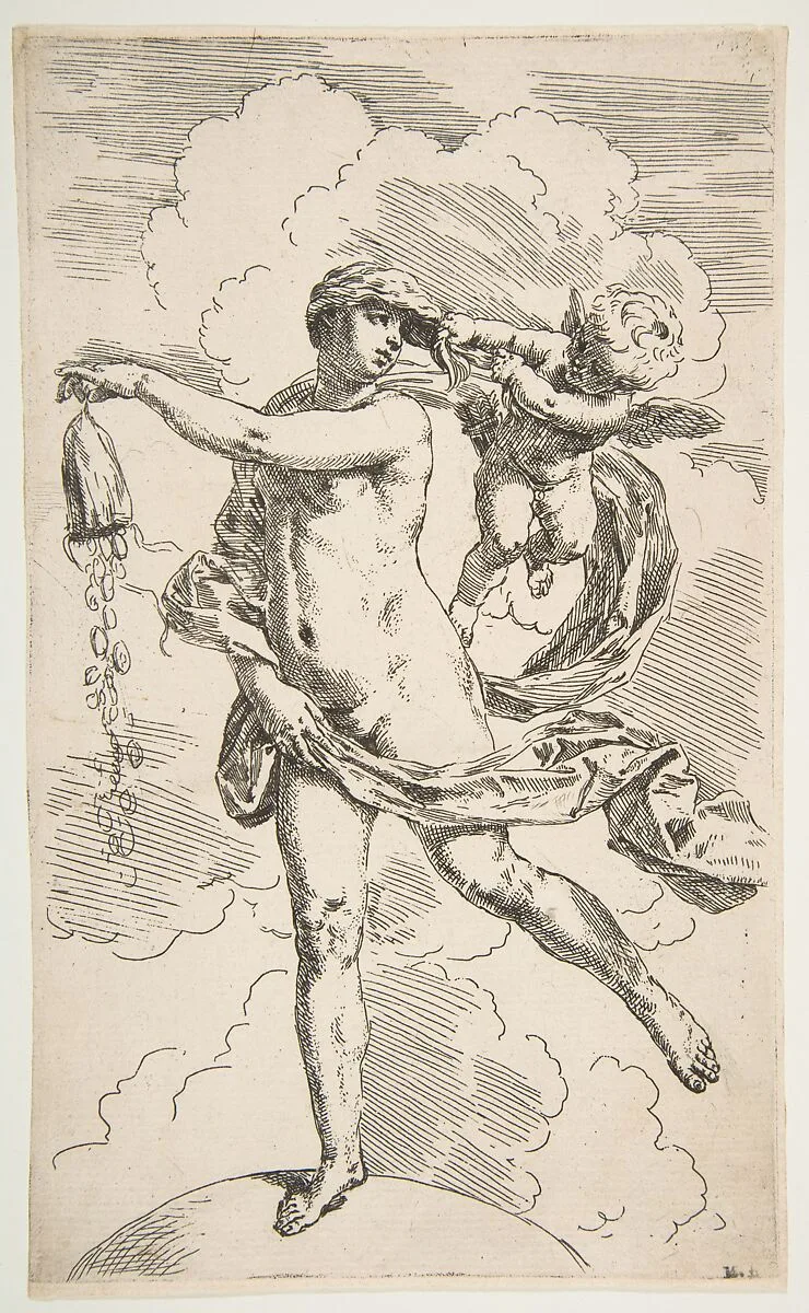 Fortune standing with one foot on a globe and emptying a purse of coins — Simone Cantarini