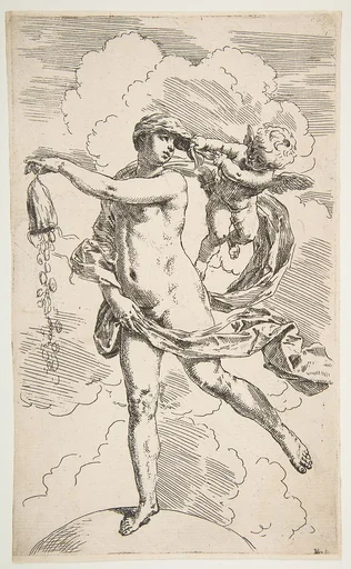 Fortune standing with one foot on a globe and emptying a purse of coins