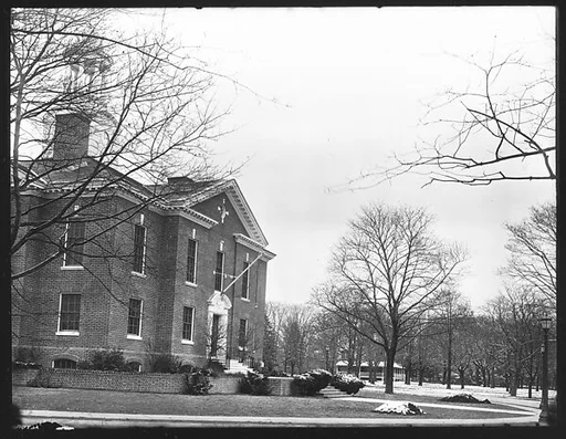 [Oblique View of Neoclassical Public Building with Gazebo Belltower]