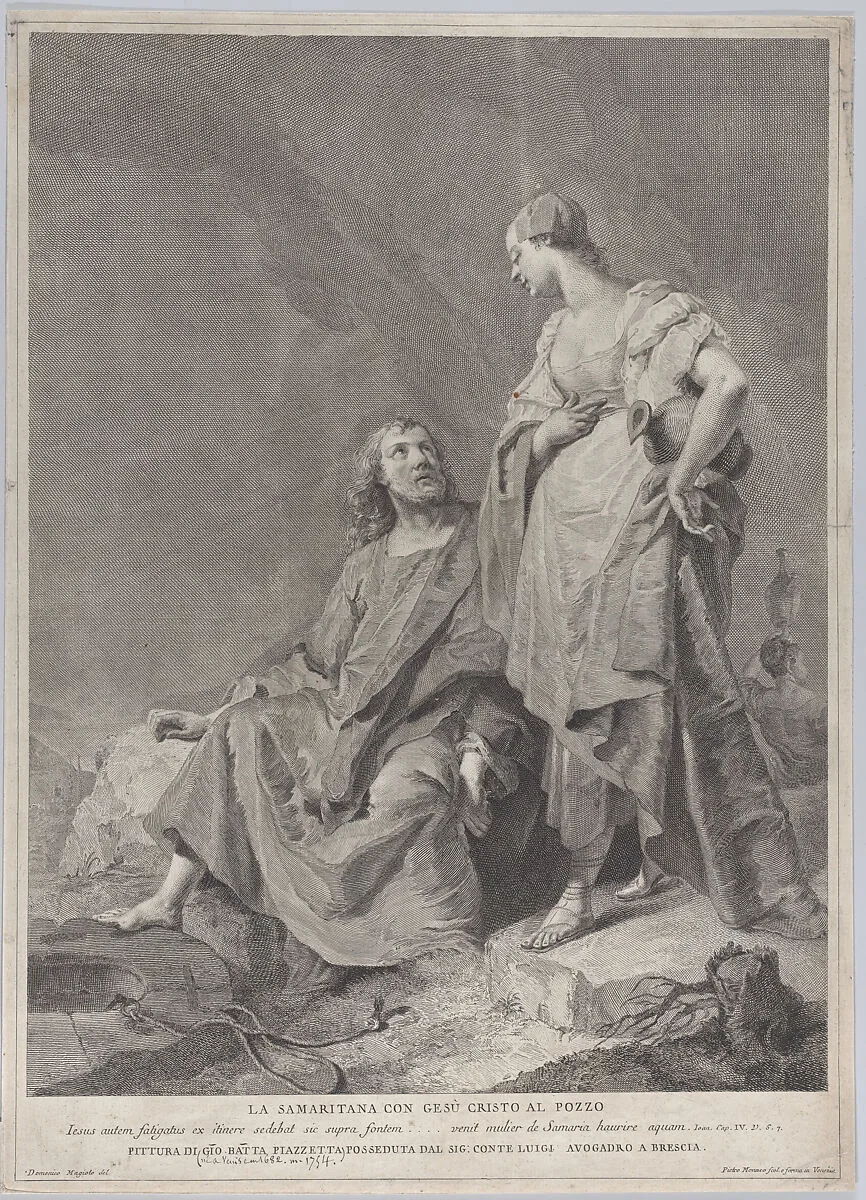 Christ and the woman of Samaria at the well, from the series of 112 prints of the sacred history, after the painting by Giovanni Battista Piazzetta — Domenico Magioto|Giovanni Battista Piazzetta|Pietro Monaco