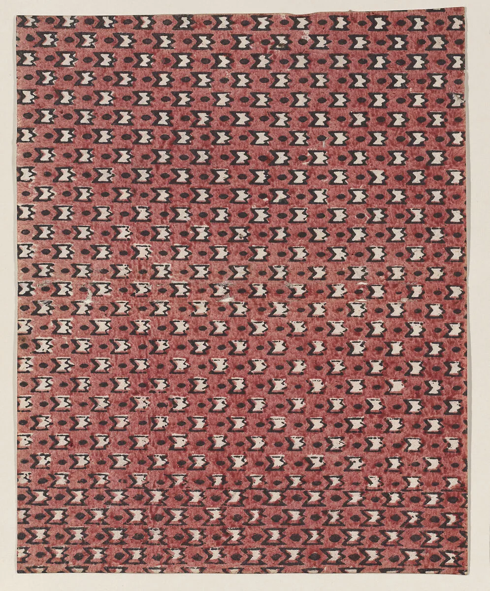Sheet with overall red and black geometric pattern — Anonymous