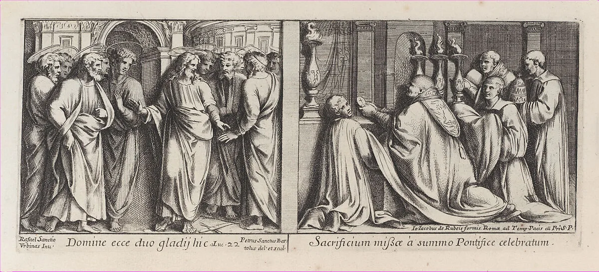 Two Biblical Scenes: The Apostles Showing Christ their Swords at left, after Raphael's Stanza della Segnatura and the Pope Celebrates Mass with Four Priests,after Raphael's Stanza di Eliodoro, from a series of 15 plates depicting Raphael's works for the Vatican stanze and the Sistine Chapel tapestries — Pietro Santi Bartoli|Raphael (Raffaello Sanzio or Santi)|Giovanni Giacomo De Rossi
