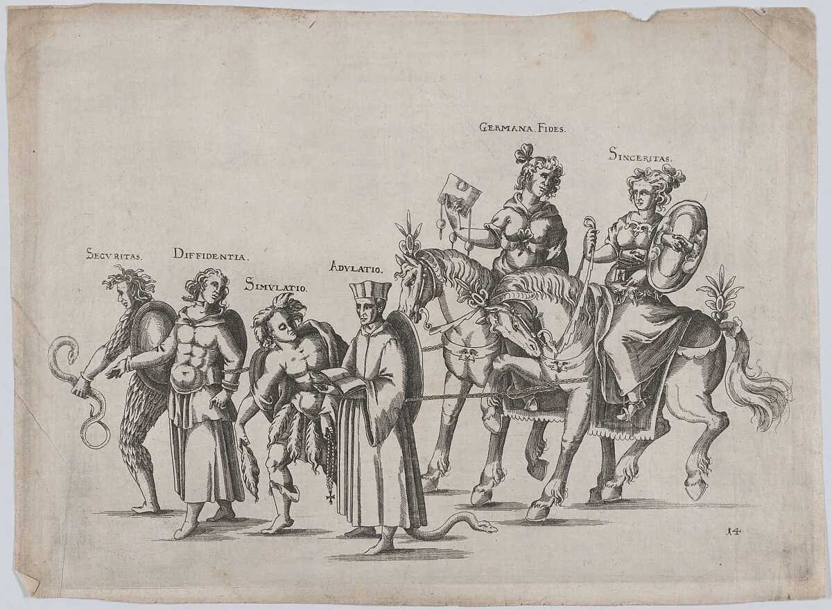 Plate 14: Six figures marching in a procession, two atop horses, a snake at bottom center; plate from 'Repraesentatio Der Fürstlichen Auffzug und Ritterspil... Herrn Johann Friderichen Hertzogen zu Württenberg und Teckh... und Fürstin Barbara Sophien ...' Stuttgart, November 6, 1609 — Johann Ottinger|Balthasar Küchler