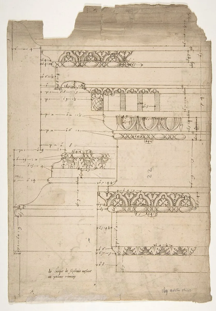 Arch of Septimius Severus, entablature, elevation; attic, base, elevation (recto) Arch of Septimius Severus, archivolt, elevation; impost, elevation; entablature, elevation; column base, elevation; column, plan (verso) — Anonymous, French, 16th century