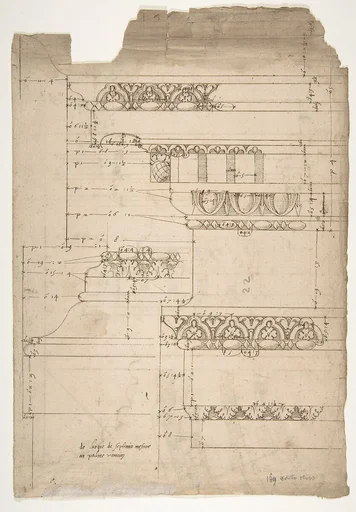 Arch of Septimius Severus, entablature, elevation; attic, base, elevation (recto) Arch of Septimius Severus, archivolt, elevation; impost, elevation; entablature, elevation; column base, elevation; column, plan (verso)