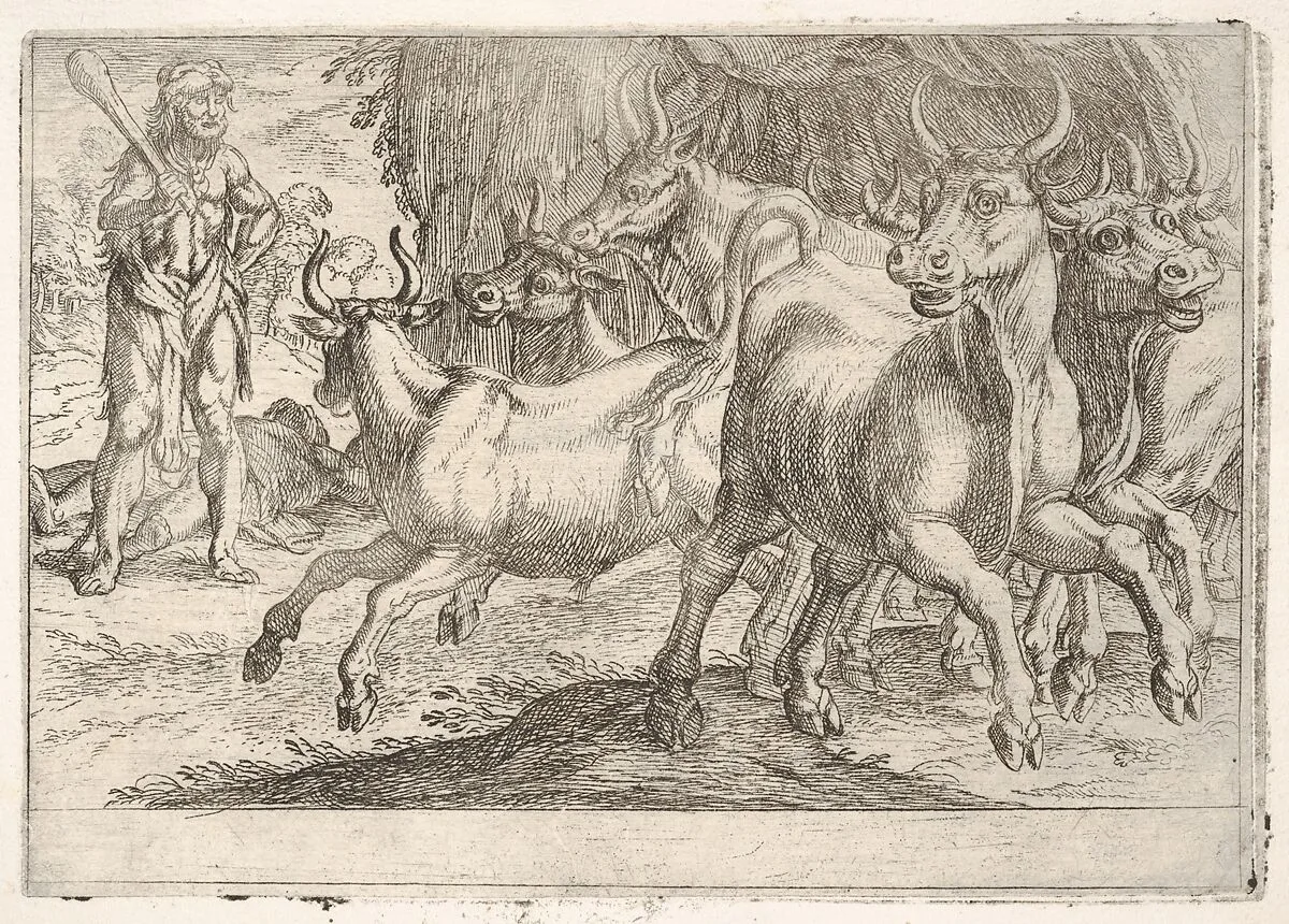 Hercules and the Oxen of Geryones: with a club raised by his right hand, Hercules confronts a group of galloping oxen, from the series 'The Labors of Hercules' — Antonio Tempesta
