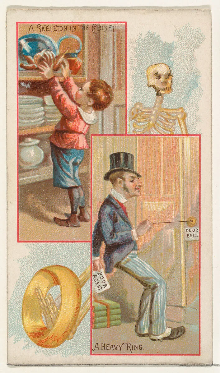 A Skeleton in the Closet / A Heavy Ring, from the Jokes series (N118) issued by Duke Sons & Co. to promote Honest Long Cut Tobacco — American Tobacco Company|George S. Harris & Sons|W. Duke, Sons & Co.