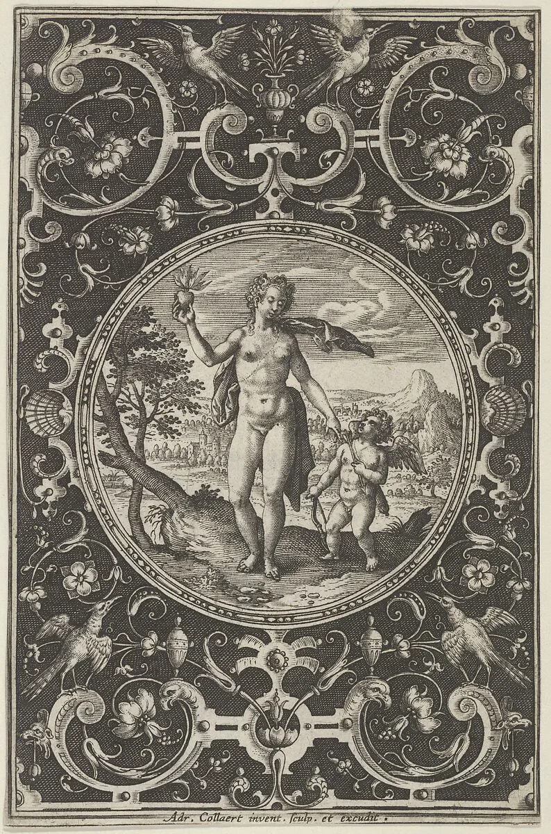 Venus and Cupid in a Decorative Frame with Grotesques, from the Judgment of Paris — Adriaen Collaert