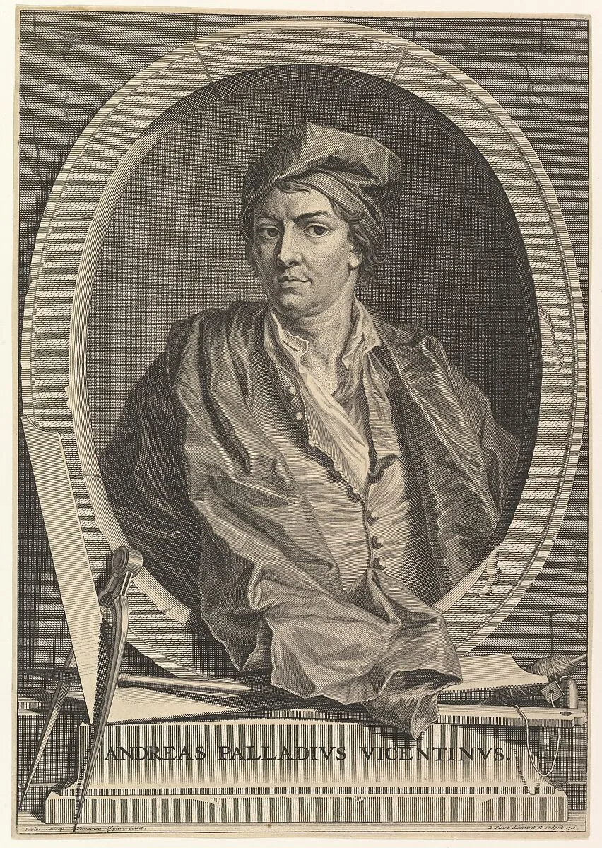 Portrait of Andrea Palladio in half-length within an oval frame; a compass, carpenter's square, and plumb line rest on the plinth below the oval, from an unidentified edition of 'Architecture de Palladio,' revised by Giacomo Leoni and translated by Nicholas du Bois — Bernard Picart|Paolo Veronese (Paolo Caliari)