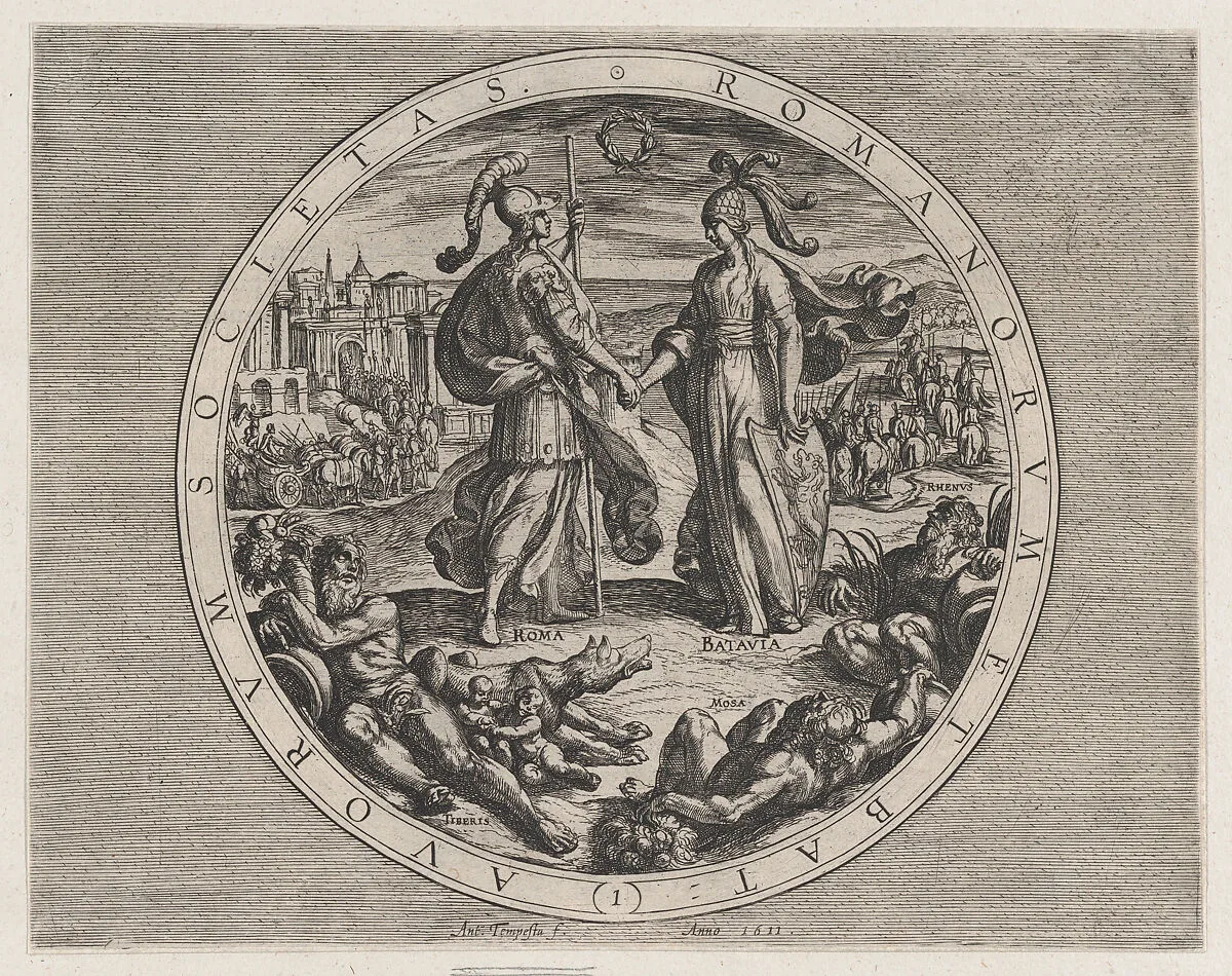 Plate 1: Roma and Batavia Shaking Hands, from The War of the Romans Against the Batavians (Romanorvm et Batavorvm societas) — Antonio Tempesta|Otto van Veen
