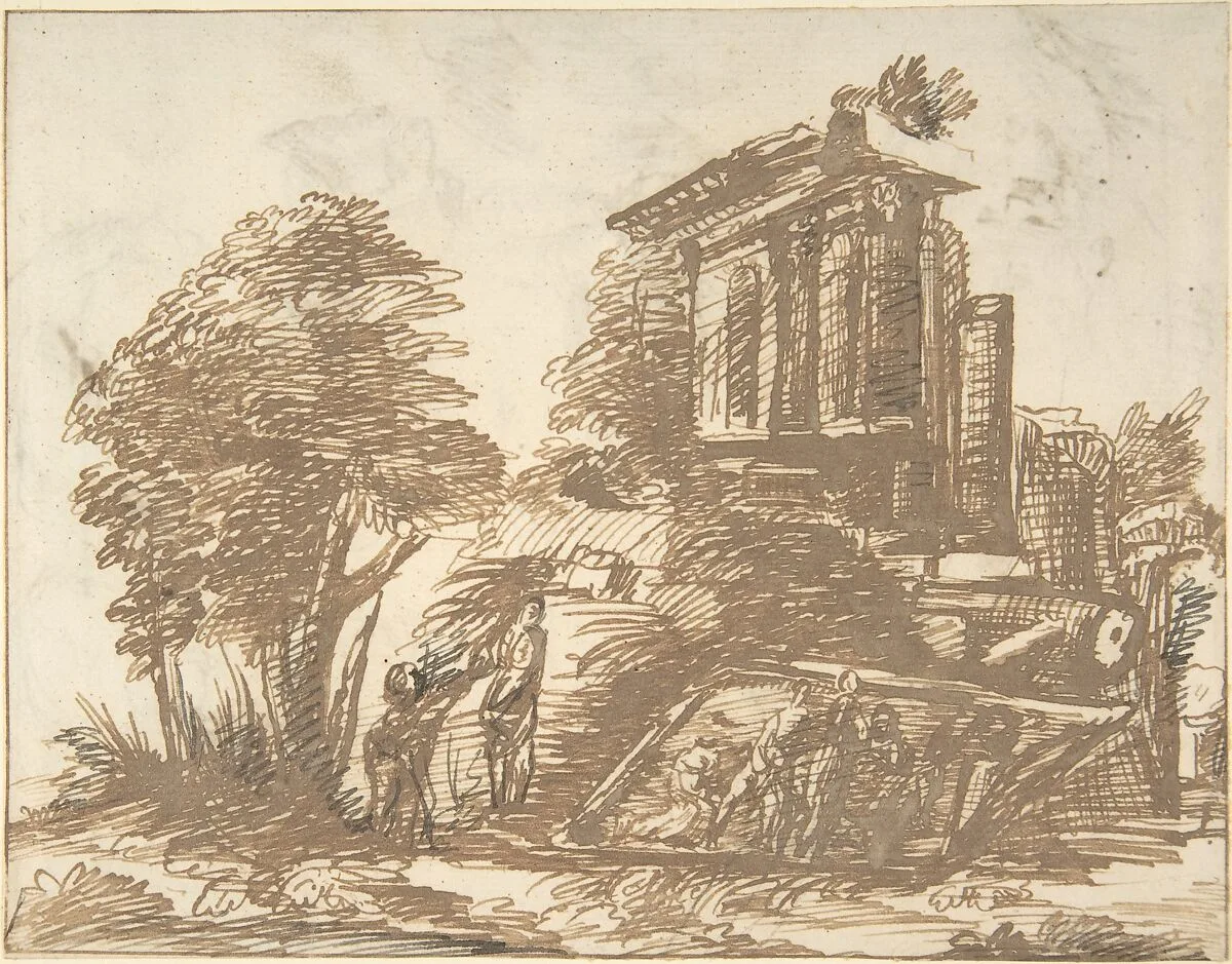 Figures in a Landscape with Classical Ruins (recto); Six Figure Studies (verso) — Anonymous, Italian, Roman-Bolognese, 17th century