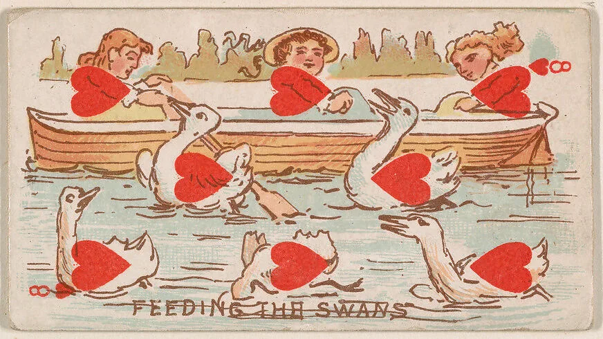 Eight of Hearts, Feeding the Swans, from Harlequin Cards, 2nd Series (N220) issued by Kinney Bros. — Kinney Brothers Tobacco Company