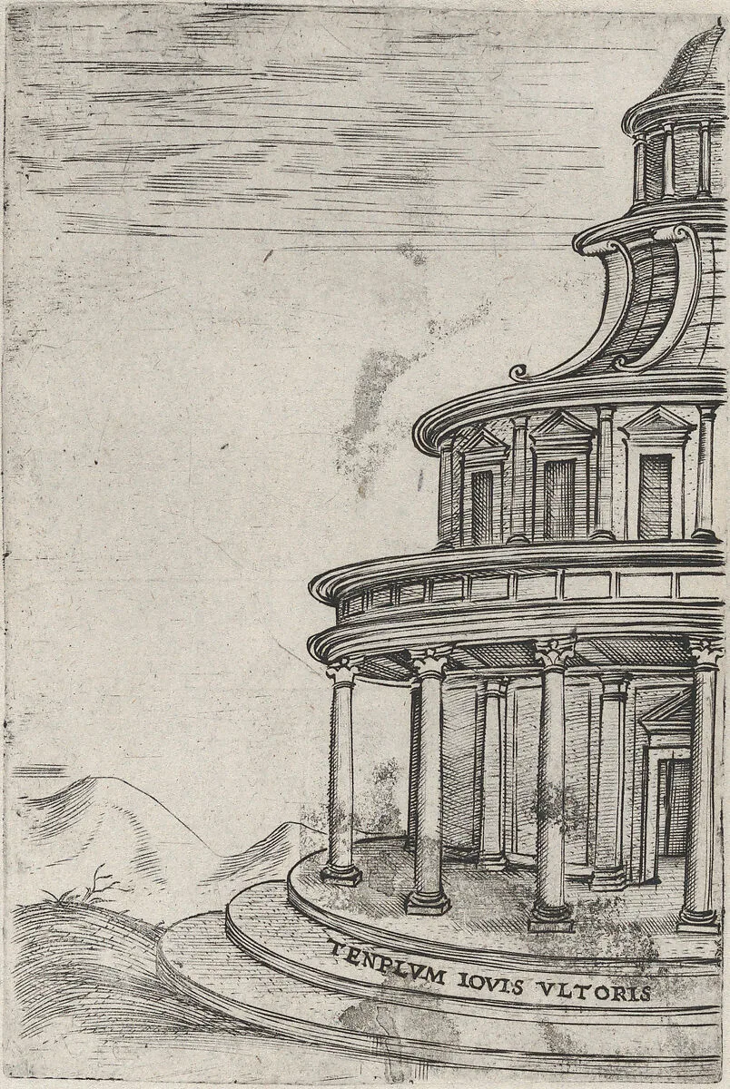 Tenplum (sic) Iovis Ultoris, from a Series of 24 Depicting (Reconstructed) Buildings from Roman Antiquity — Monogrammist G.A. & the Caltrop|Anonymous, Italian, 16th century