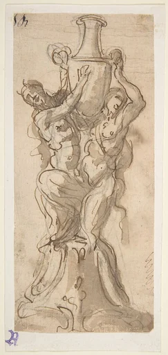 Design for a Statue consisting of a Satyr and Satyress Lifting a Vase