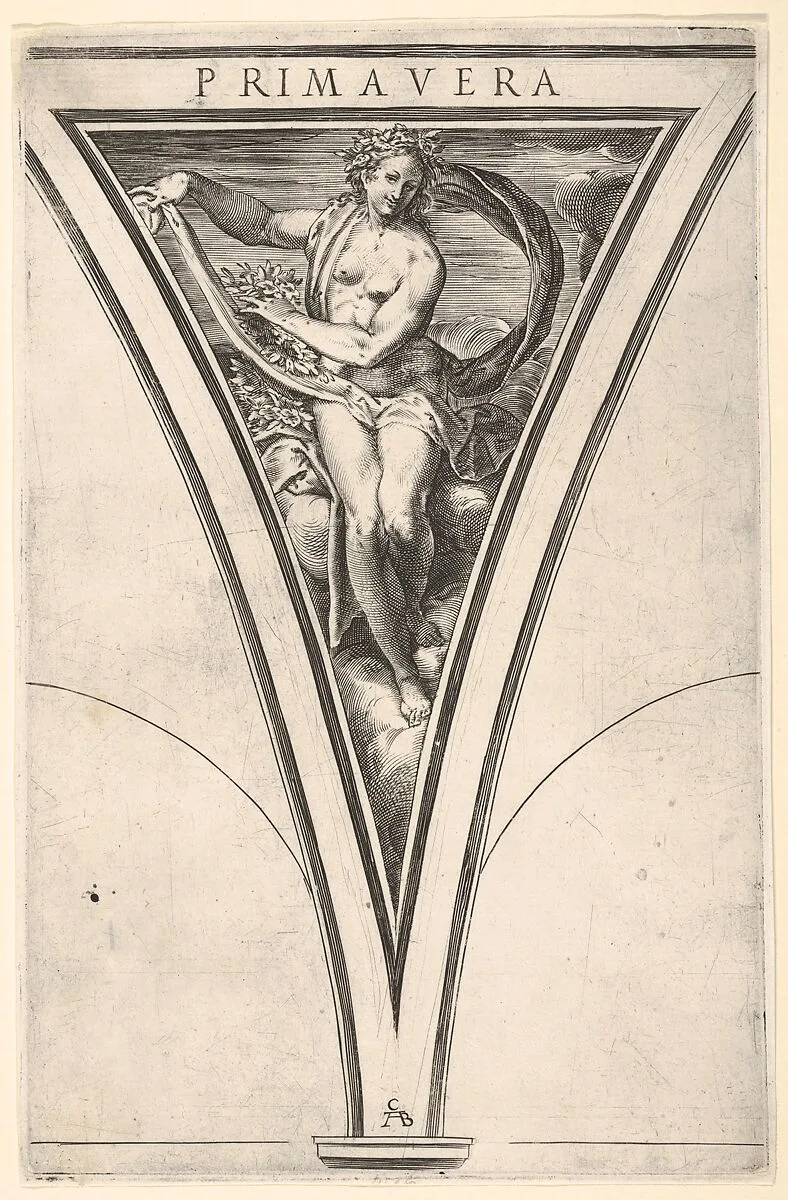 Spring (Primavera) represented as a woman bearing a billowing drape and garlands, a spandrel-shaped composition from the series 'The Four Seasons' — Cherubino Alberti (Zaccaria Mattia)|Taddeo Zuccaro