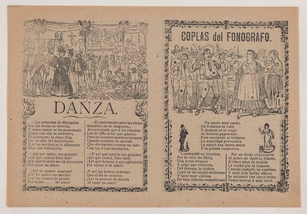Broadsheet with two different songs showing a group of men huddled around a woman on the left and a group of people holding glasses on the right — Antonio Vanegas Arroyo|José Guadalupe Posada