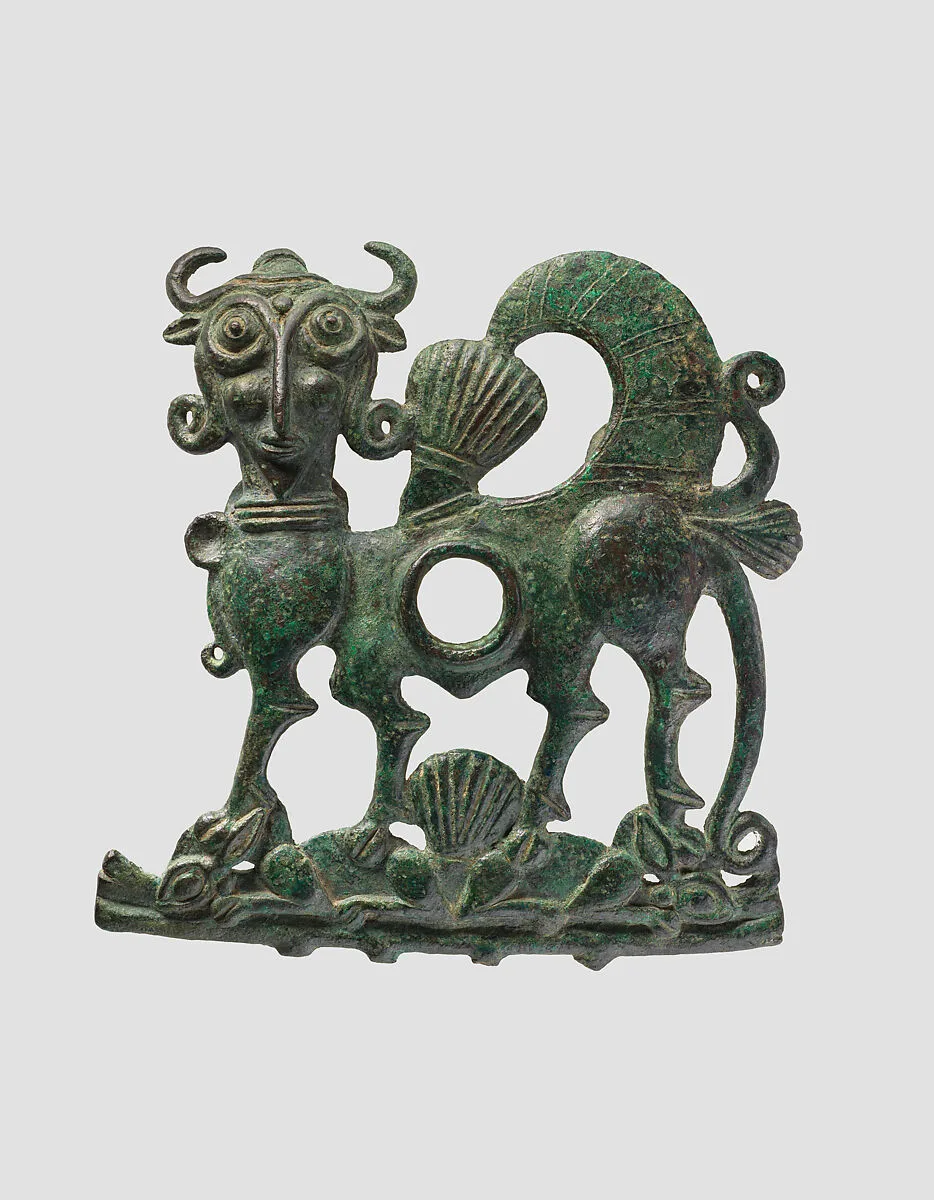 Horse bit cheekpiece in form of a winged, human-headed quadruped — Unknown