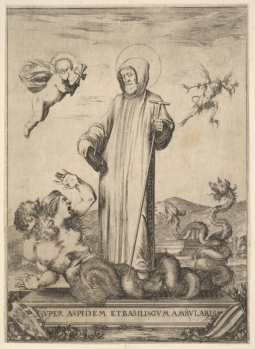 Saint Jean Gualbert trampling a monster with two human heads and a serpentine body, a flying demon in background to right, an angel with a cross flying to left, from 'Frontispiece and four scenes from the life of Saint John Gualbert' (Frontispice et quatre vignettes pour une vie de Saint Jean Gualbert) — Stefano della Bella