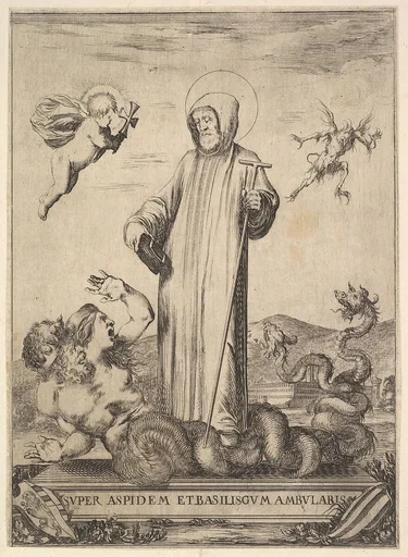 Saint Jean Gualbert trampling a monster with two human heads and a serpentine body, a flying demon in background to right, an angel with a cross flying to left, from 'Frontispiece and four scenes from the life of Saint John Gualbert' (Frontispice et quatre vignettes pour une vie de Saint Jean Gualbert)