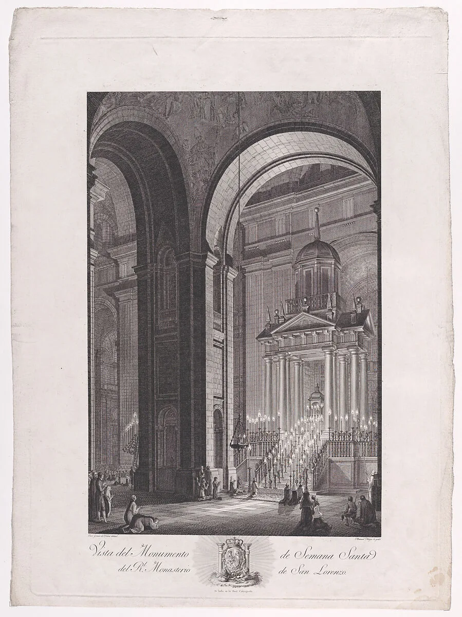The monument raised for Holy Week (Semana Santa) in the Church of the monastery of El Escorial, from a series of Views of El Escorial — José Gómez Navia|Manuel Alegre|Calcografía Real, Madrid
