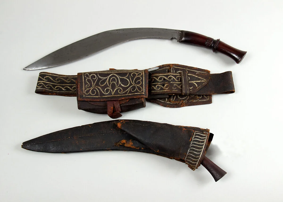 Knife (Kukri) with Sheath, Small Knife, Belt, Pouch and Box — Unknown